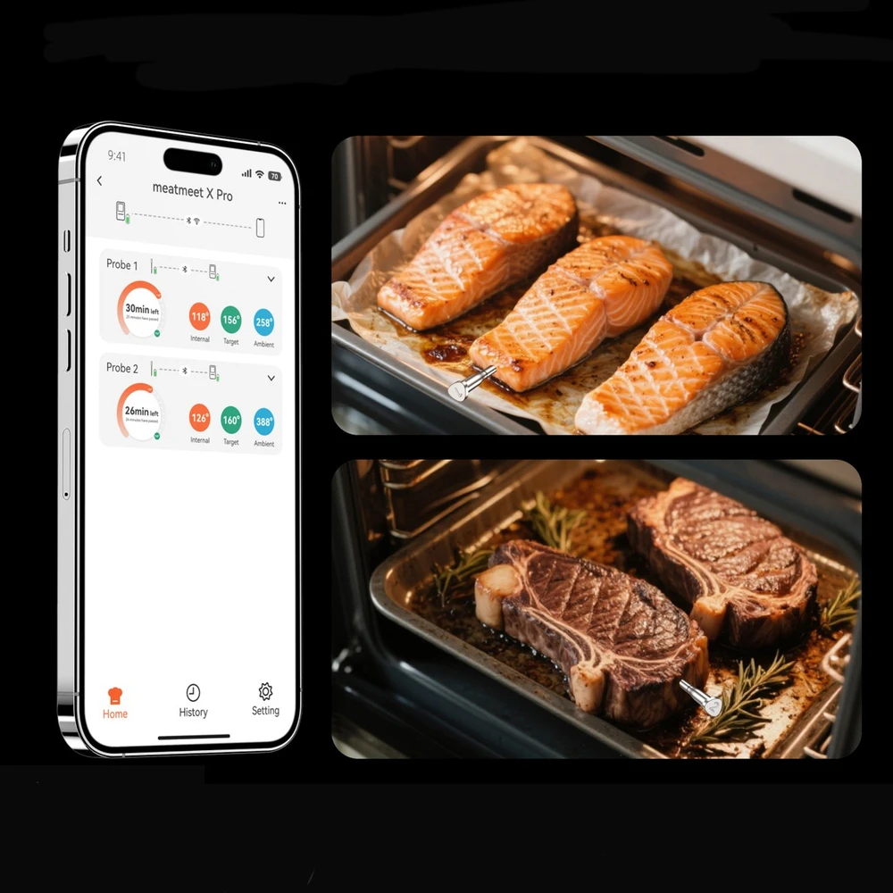 Virtuvinės svarstyklės Retoo Meatmeet X Pro Kitchen Thermometer with Bluetooth/WiFi App for Grilis, Oven, Smoker - Juodas