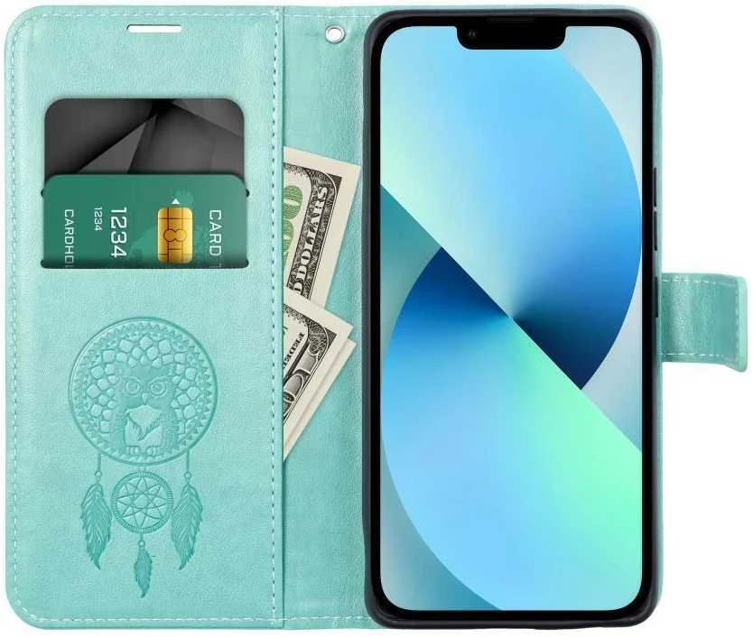 OEM atverčiamas dėklas iPhone 16 PLUS Mezzo Book dreamcatcher žalias