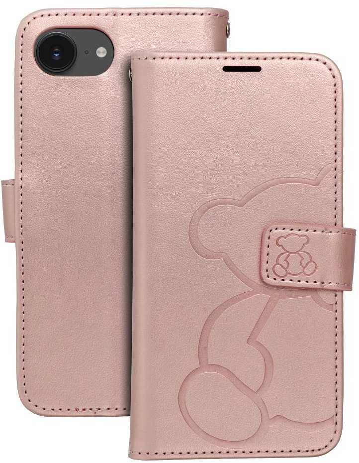 Forcell OEM atverčiamas dėklas iPhone 16e (SE 4 2025) Mezzo Book meškiukas su rožiniu auksiniu