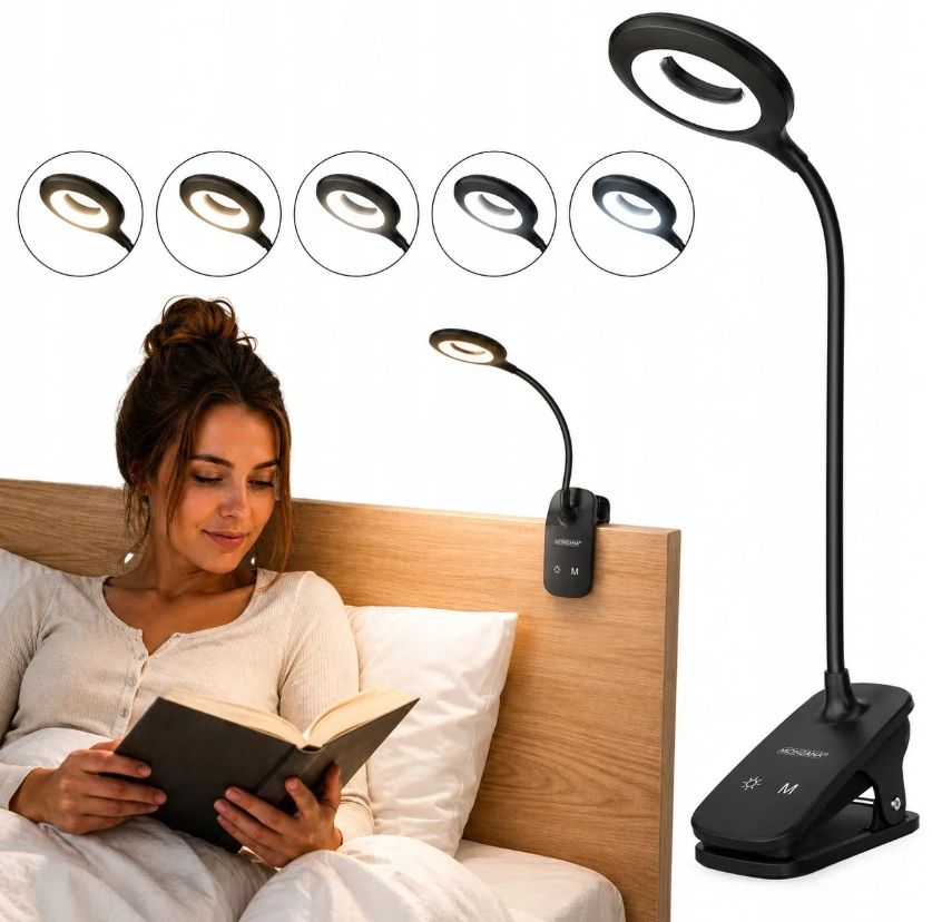 Mini Wozinsky belaidė LED skaitymo lempa su segtuku + USB-C laidas – Juodas