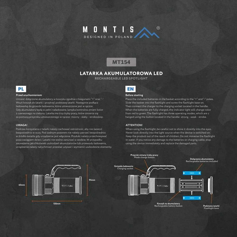 Montis Aluminiowa ręczna latarka akumuliatorinė LED MT154 Pilkas Hand prožektorius