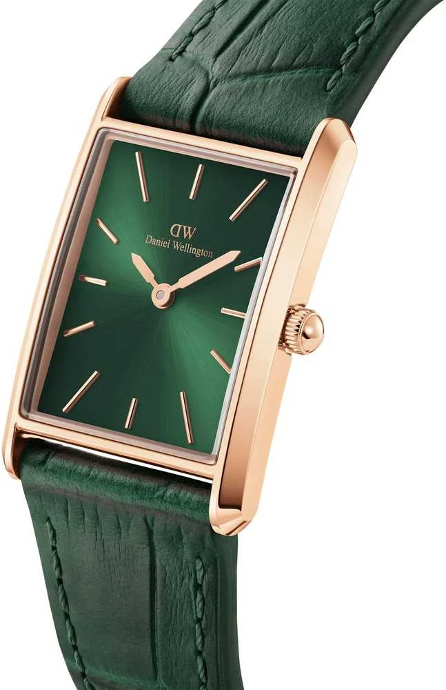 Moteriškas laikrodis DANIEL WELLINGTON surištas krokodilas smaragdinis rožinis auksas 22 mm DW00100694 + DĖŽĖ