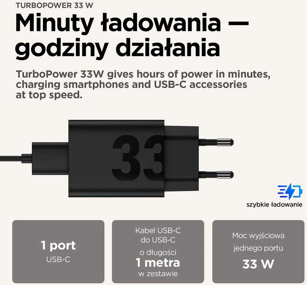 Sieninis Įkroviklis - Motorola TurboPower 33W USB-C su 1m Kabeliu Juodas