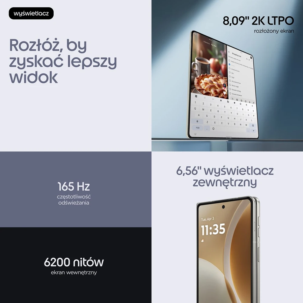 „Motorola razr fold“ 20,6 cm (8,09 colio) dviejų SIM kortelių „Android 16.0“ 5G USB C tipo 16 GB 512 GB 6000 mAh Baltas