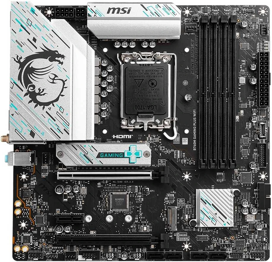 Pagrindinė plokštė MSI | B760M GAMING PLUS WIFI | Procesorių šeima Intel | Procesoriaus lizdas LGA1700 | DDR5 | Palaikomos standžiojo disko sąsajos SATA, M.2 | SATA jungčių skaičius 4