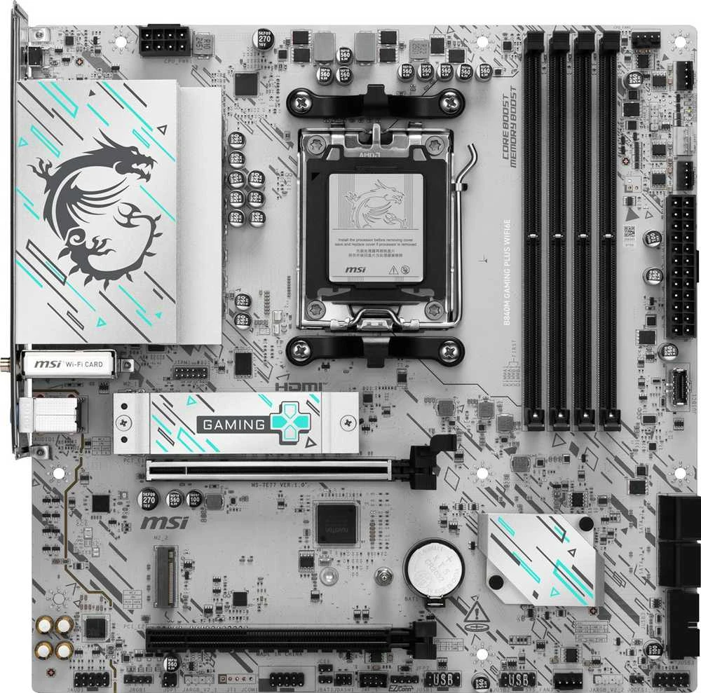 Pagrindinė plokštė MSI B840M GAMING PLUS WIFI6E | Procesorių šeima AMD | Procesoriaus lizdas AM5 | DDR5 | Palaikomos standžiojo disko sąsajos SATA, M.2 | SATA jungčių skaičius 4