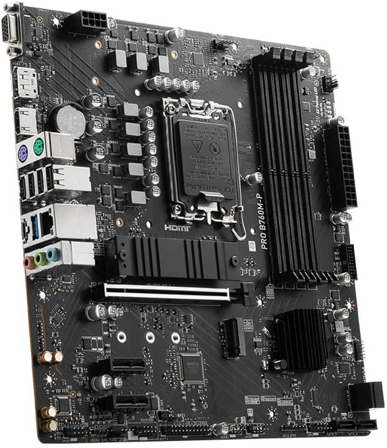 Pagrindinė plokštė MSI | PRO B760M-P | Procesorių šeima Intel | Procesoriaus lizdas LGA1700 | DDR5 DIMM | Atminties lizdai 4 | Palaikomos standžiojo disko sąsajos SATA, M.2 | SATA jungčių skaičius 4 | Mikroschemų rinkinys Intel B760 | mATX