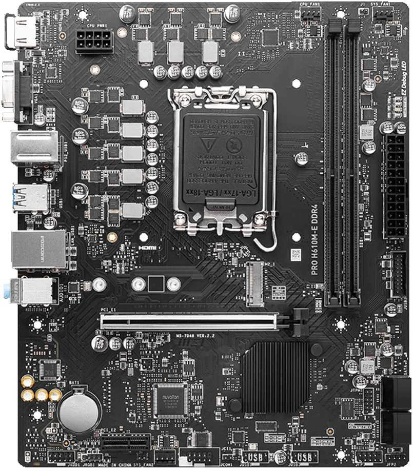 Pagrindinė plokštė MSI PRO H610M-E DDR4 | Intel H610 | LGA1700 | MicroATX | 2x DDR4 lizdai | 1x PCI-Express 1x | 1x PCI-Express 16x | 1 x M.2 | 1x 15pin D-sub | 1x HDMI | 4xUSB 2.0 | 2x USB 3.2 | 1xPS/2 | 1x RJ45 | 3x garso jungtys