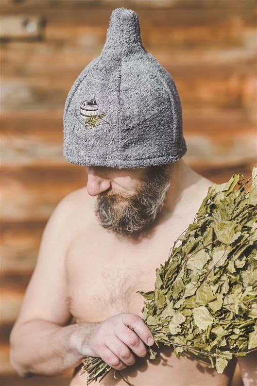 Namu_Tekstil Medvilninė pirties kepurė su kubilo paveikslėliu, pilka