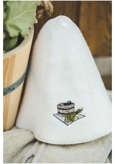 Namu_Tekstil Vilnonė pirties kepurė su kubilo paveikslėliu, balta