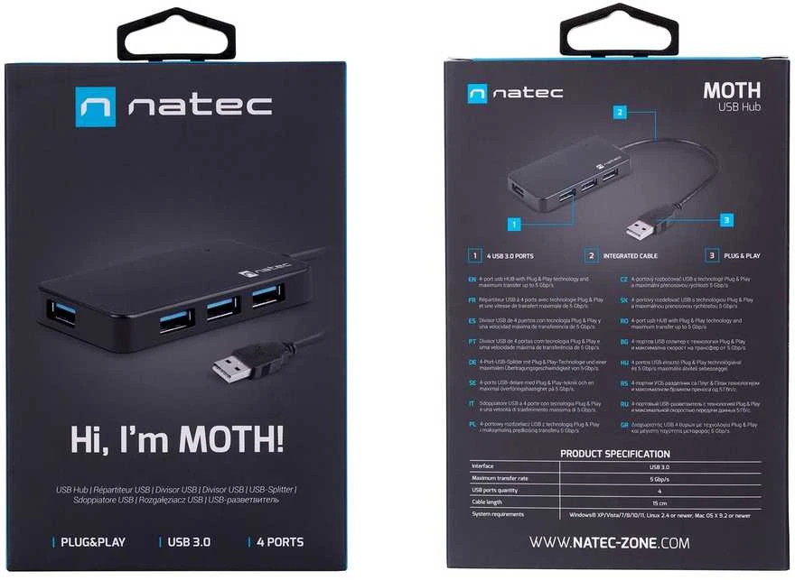 NATEC NHU-1342 Hub USB 3.0 Moth 4-jungtys Juodas