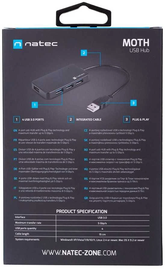 NATEC NHU-1342 Hub USB 3.0 Moth 4-jungtys Juodas