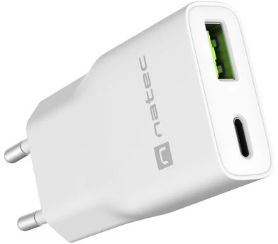 NATEC RIBERA GAN SLIM maitinimo įkroviklis 1× USB-A + 1× USB-C 20W Baltas