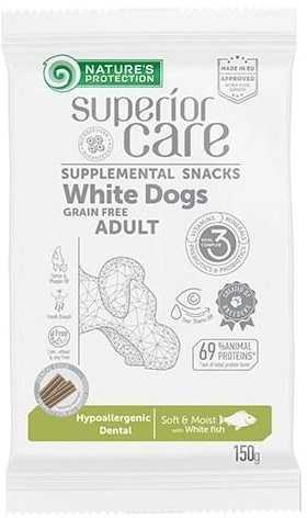 Nature's Protection Superior Care Baltas Dogs begrūdis Hypoallergenic Dental with su balta žuvimi Adult All breeds, begrūdis suaugusių šunų pašaro papildas – skanėstai su balta žuvimi, 150 g