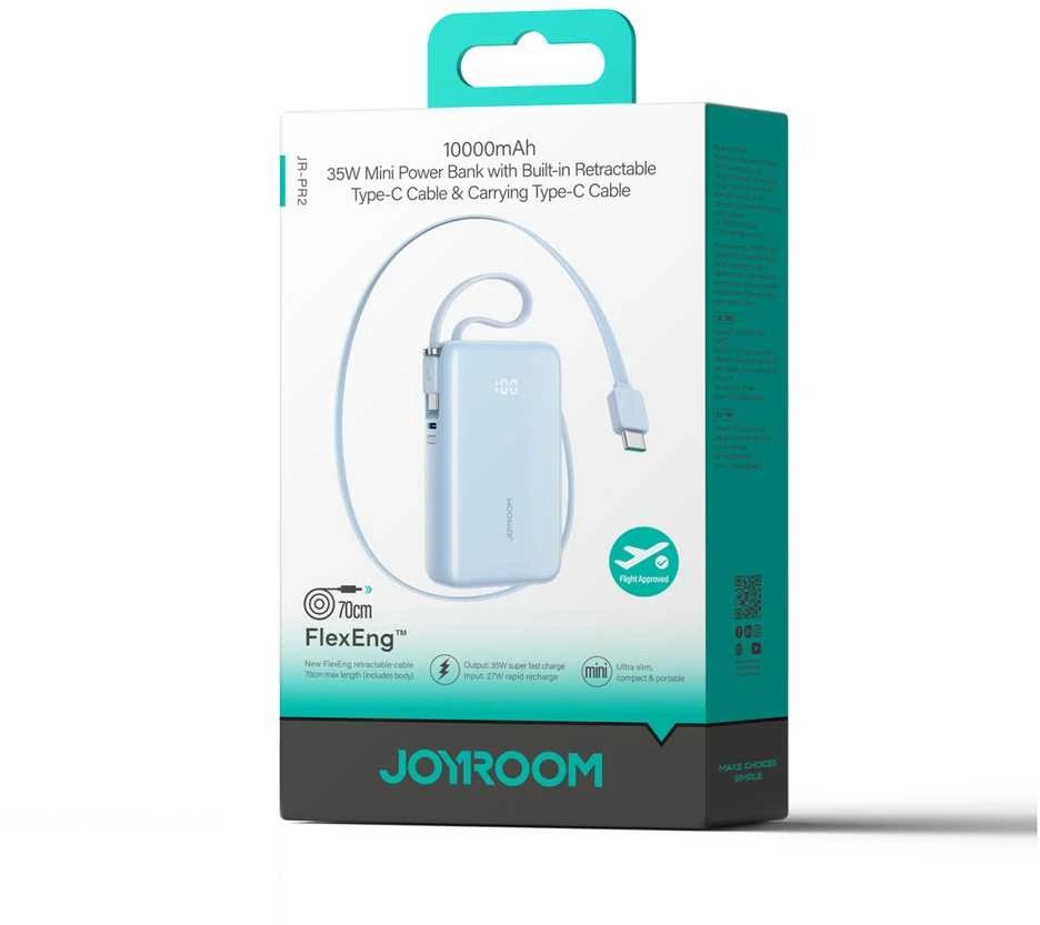 „Joyroom JR-PR2L“ 10000mAh 35W išorinė baterija su integruotu ištraukiamu USB-C laidu ir USB-C virvele - Mėlyna