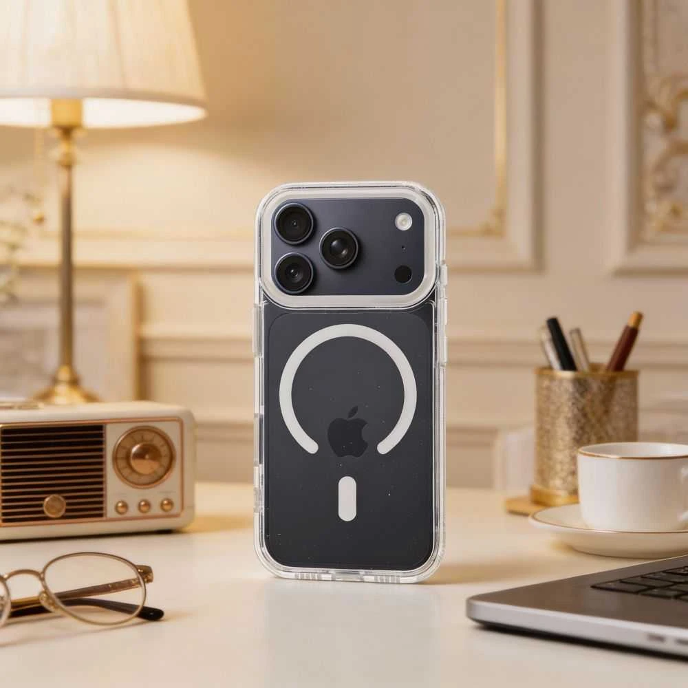 OEM dėklas, skirtas „iPhone 17 Frame Clear Hybrid Mag Cover“, suderinamas su „MagSafe“ permatomu