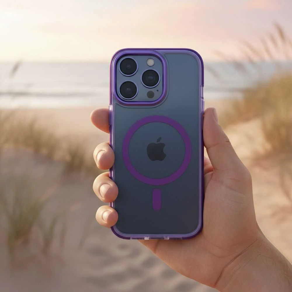 OEM dėklas, skirtas iPhone 17 Frame Clear Hybrid Mag Cover, suderinamas su MagSafe violetine
