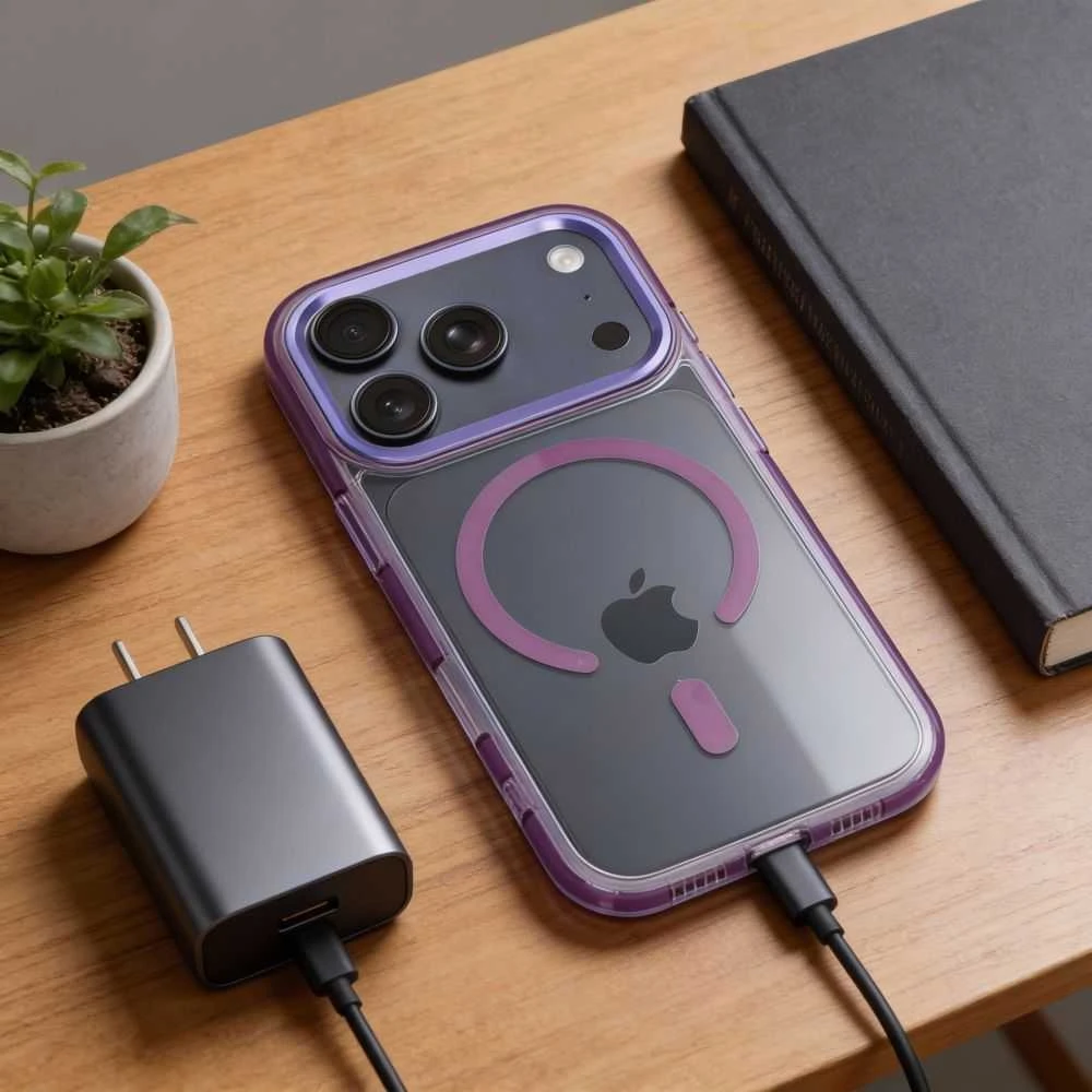 OEM dėklas, skirtas iPhone 17 Frame Clear Hybrid Mag Cover, suderinamas su MagSafe violetine