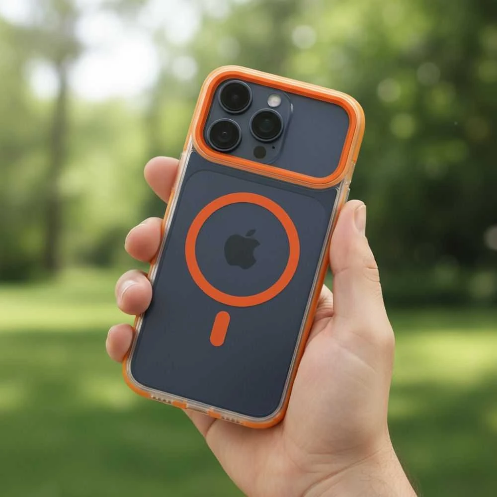 OEM dėklas, skirtas „iPhone 17 AIR Frame Clear Hybrid Mag Cover“, suderinamas su „MagSafe Hermes Oranžinis“