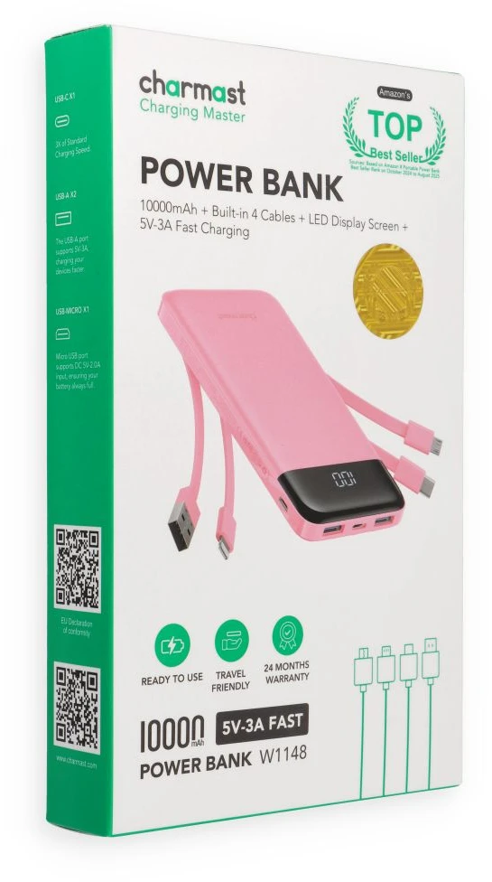 Nešiojamoji baterija 5V 3A 10000 mAh su integruotais laidais USB A / USB C / Lightning / Micro USB Charmast W1148 rožinė
