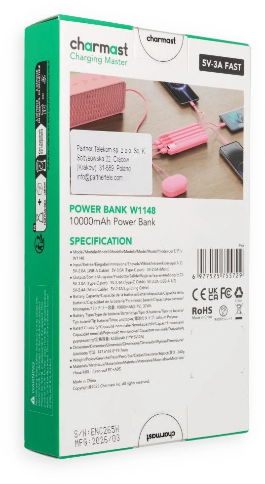 Nešiojamoji baterija 5V 3A 10000 mAh su integruotais laidais USB A / USB C / Lightning / Micro USB Charmast W1148 rožinė