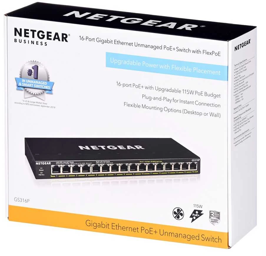 Netgear GS316P Ne-valdomas Gigabit Ethernet (10/100/1000) Juoda Maitinimas per Eternetą (PoE)