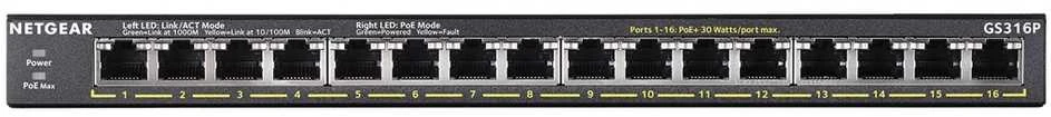 Netgear GS316P Ne-valdomas Gigabit Ethernet (10/100/1000) Juoda Maitinimas per Eternetą (PoE)