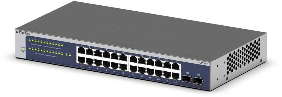 NETGEAR GS724T 24 prievadų Gigabit Smart Switch 2x kombinuotas vario / SFP prievadų įžvalga nuotolinis / debesies valdymas