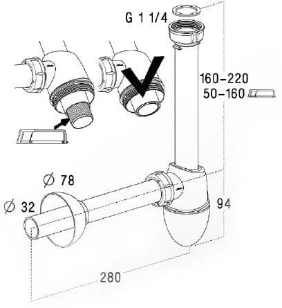 Praustuvo sifonas ilgu kaklu Nicoll C2923, 32mm