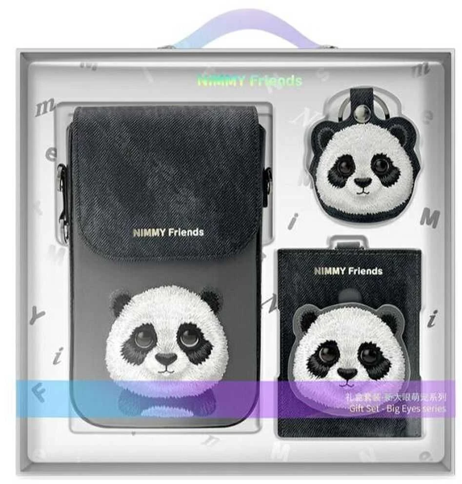 Nimmy 3in1 rinkinys telefono krepšys + piniginė + lokatorius juodos spalvos Big Eyed Pet 2.0 Panda