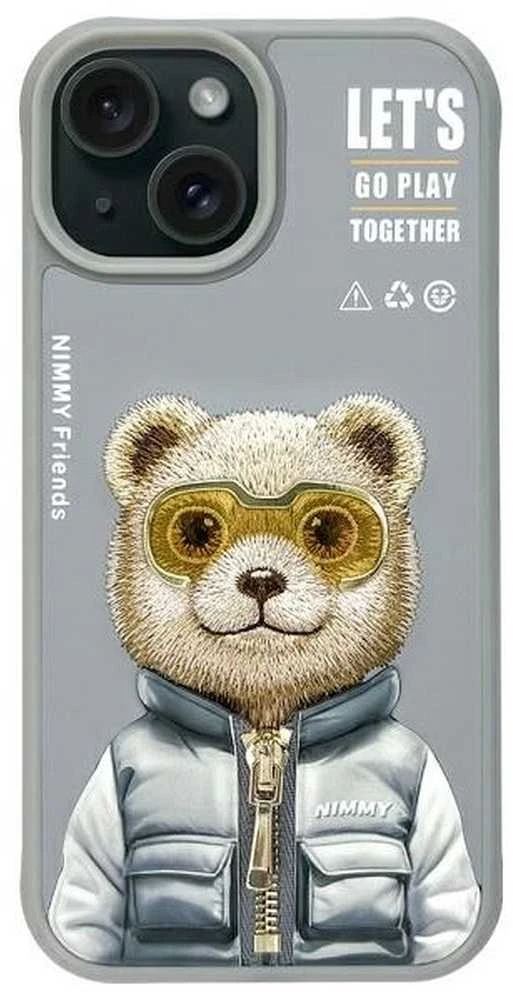 Nimmy Apple iPhone 15 6.1" dėklas telefonui pilkos spalvos Cool&Cute 2.0 Bear