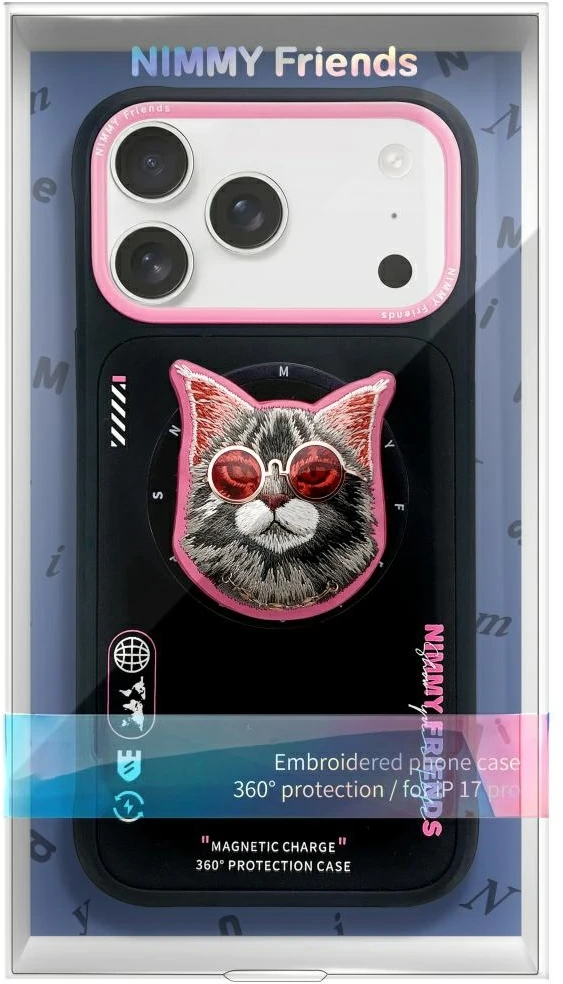Dėklas Nimmy Glasses Cool Cat MagSafe Case for iPhone 17 - Juodas and Rožinė