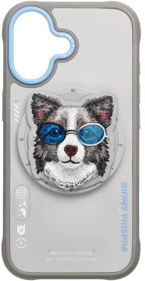 NIMMY dėklas GLASSES COOL DOG, suderinamas su „MagSafe“, skirtas IPHONE 17, pilkas