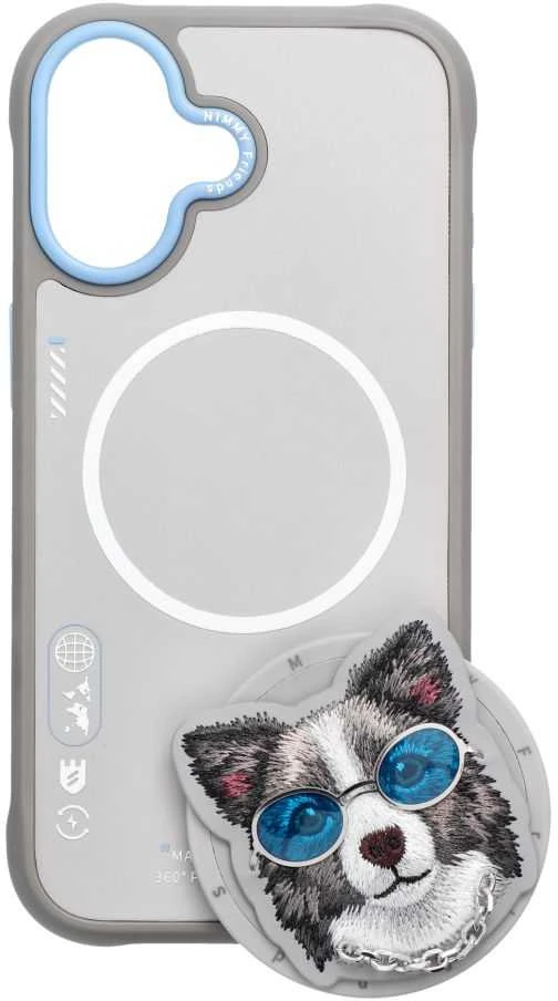 NIMMY dėklas GLASSES COOL DOG, suderinamas su „MagSafe“, skirtas IPHONE 17, pilkas