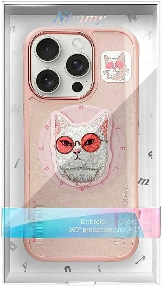 Dėklas Nimmy Glasses Cool Cat MagSafe Apple iPhone 16 Pro rožinės spalvos