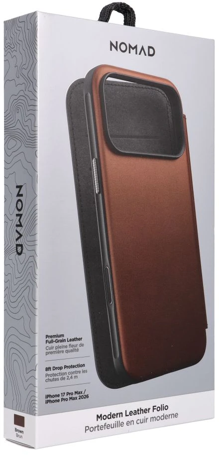 NOMAD odinis dėklas IPHONE 18 Pro Max/17 Pro Max, suderinamas su MagSafe (Modern Leather Folio ECCO Leather) ruda