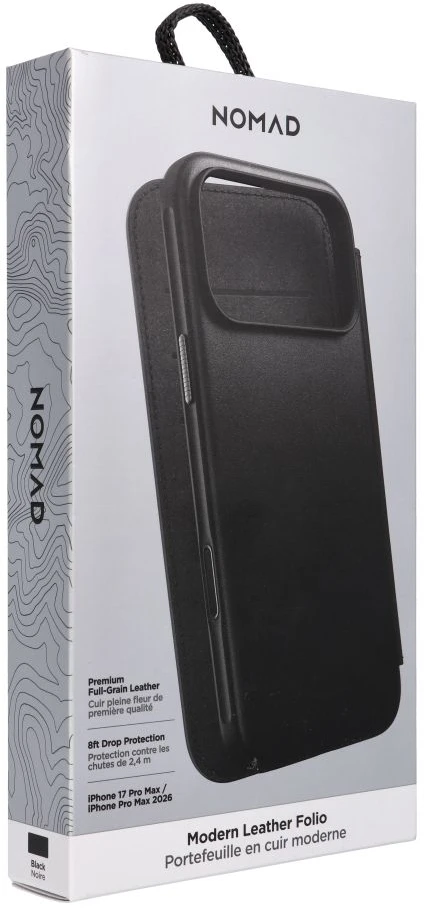 NOMAD odinis dėklas IPHONE 18 Pro Max/17 Pro Max, suderinamas su MagSafe (Modern Leather Folio ECCO Leather) juodas