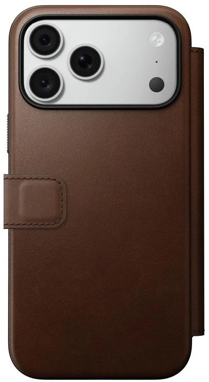 NOMAD odinis dėklas IPHONE 18 Pro Max/17 Pro Max, suderinamas su MagSafe (Modern Leather Folio ECCO Leather) ruda