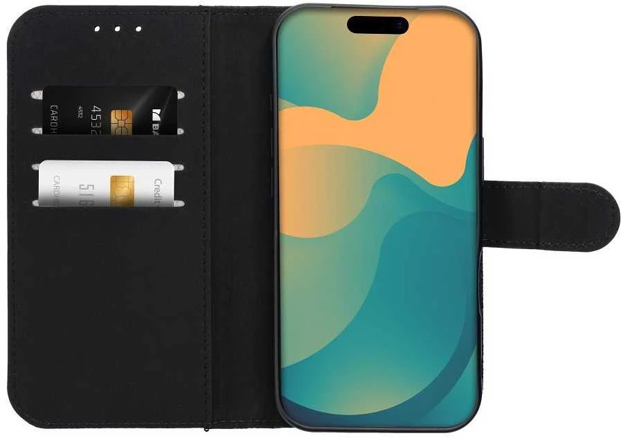OEM atverčiamas dėklas iPhone 17 / 18 4Card RFID apsaugos nuo vagystės techninis audinys juodas