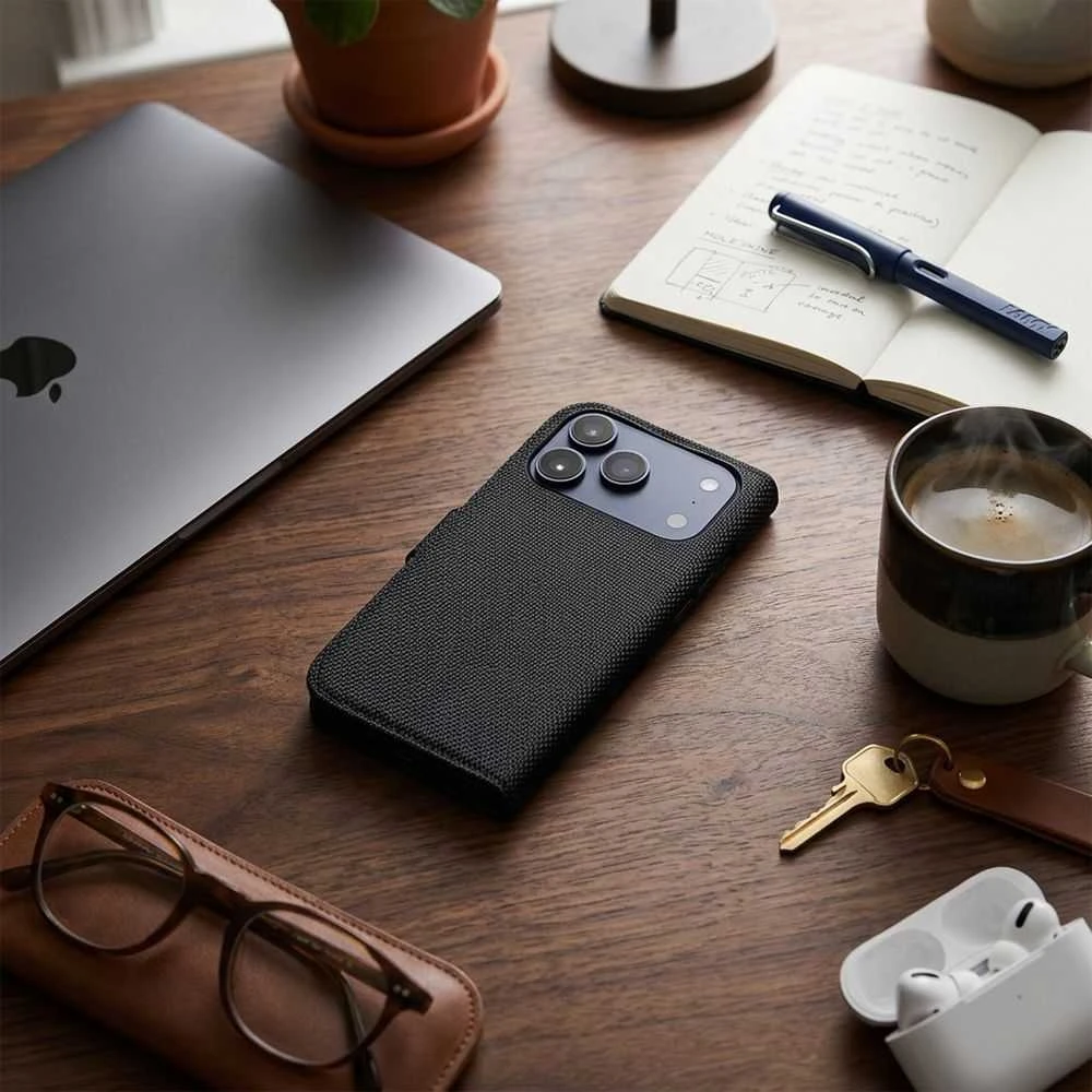 OEM atverčiamas dėklas iPhone 17 / 18 4Card RFID apsaugos nuo vagystės techninis audinys juodas
