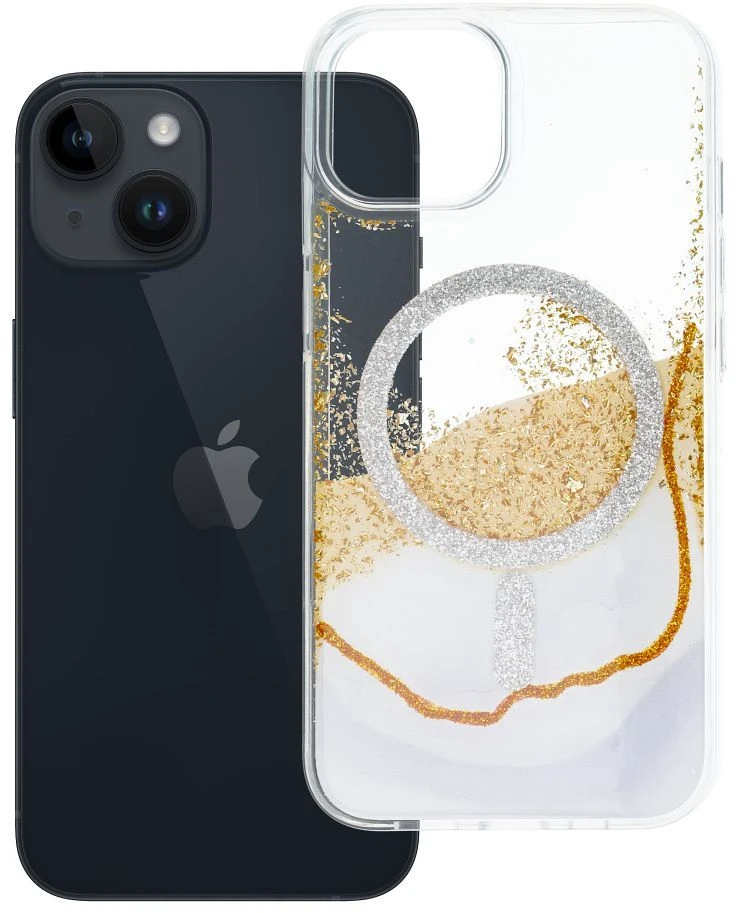 Golden OEM dėklas, skirtas iPhone 13 / 14, auksinis, suderinamas su „MagSafe“ ir baltas