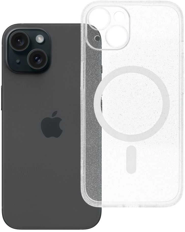 Oem Originalus „iPhone 14“ skaidrus „Mag“ dėklas – blizgučiai (STR / APSAUGA NUO FOTOAPAROS), suderinamas su „MagSafe“ skaidriais blizgučiais.