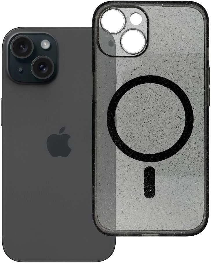 Oem Originalus „iPhone 14“ skaidrus „Mag“ dėklas – blizgučiai (STR / APSAUGA NUO FOTOAPAROS), suderinamas su „MagSafe“ su juodu blizgučiais.