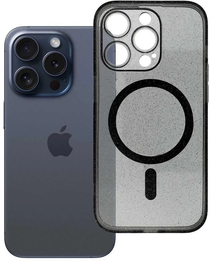 Dėklas Oem Case for iPhone 14 PRO Clear Mag Cover - Glitter (STR / CAMERA PROTECTION) compatible with MagSafe juodas glitter
