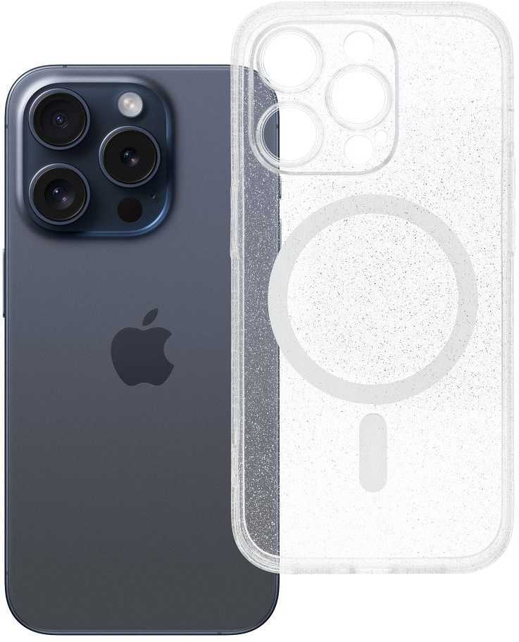 Oem Originalus „iPhone 14 PRO“ skaidrus „Mag“ dėklas – blizgučiai (STR / APSAUGA NUO FOTOAPAROS), suderinamas su „MagSafe“ permatomais blizgučiais.