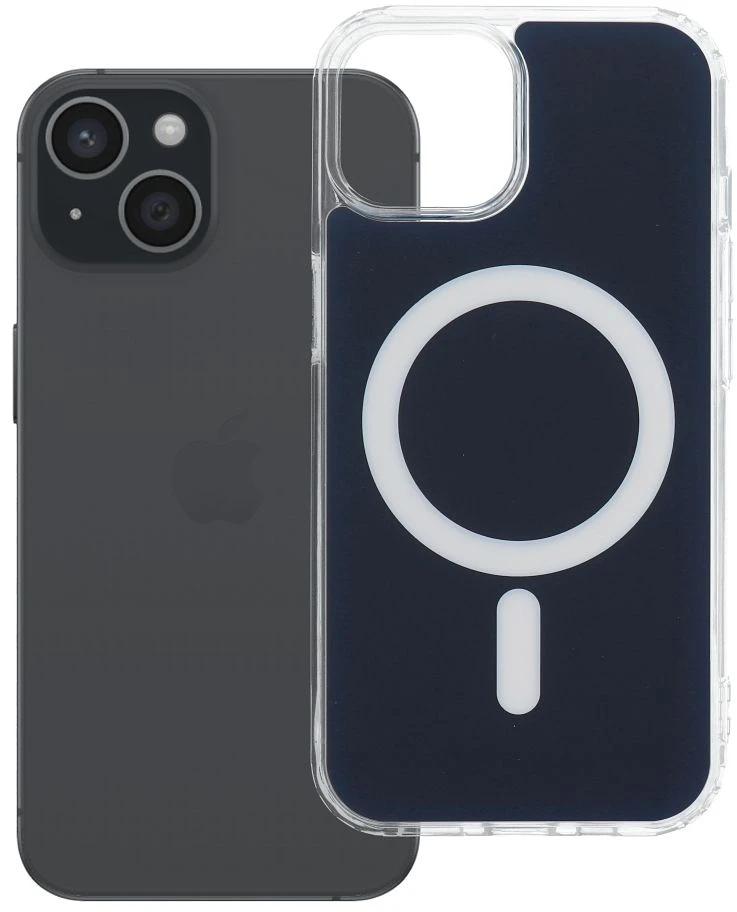 OEM dėklas, skirtas iPhone 15, skaidrus „Fusion Mag Cover“, suderinamas su „MagSafe“, tamsiai mėlynas