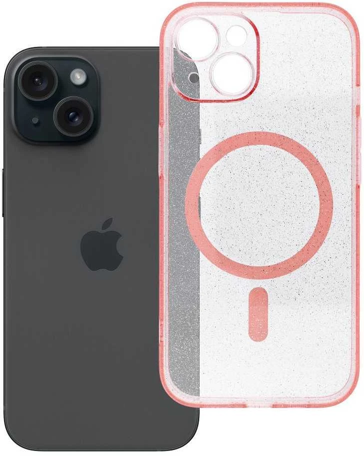 OEM dėklas iPhone 15 permatomas Mag dangtelis – blizgus (STR / CAMERA PROTECTION), suderinamas su MagSafe, rožinis blizgus
