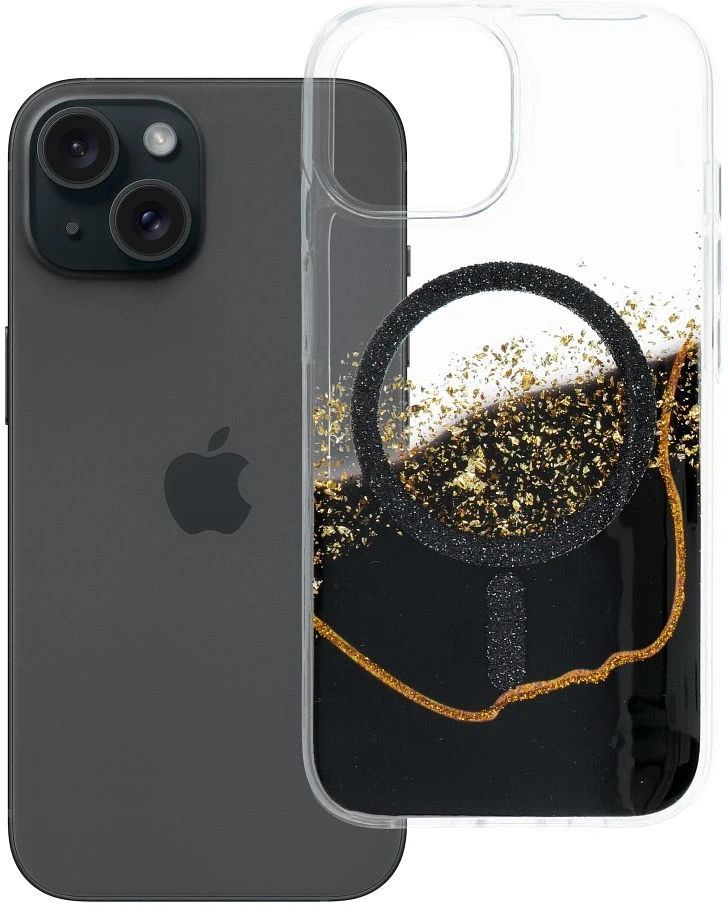Golden OEM dėklas, skirtas iPhone 15, auksinis, suderinamas su „MagSafe“ juodu