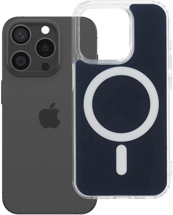 OEM dėklas, skirtas „iPhone 15 PRO“ telefonui, skaidrus „Fusion Mag Cover“, suderinamas su „MagSafe“, tamsiai mėlynas