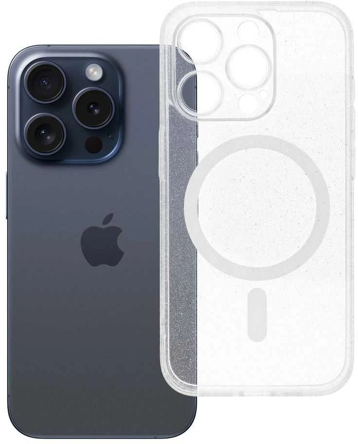 Oem Originalus „iPhone 15 PRO“ skaidrus „Mag“ dėklas – blizgučiai (STR / APSAUGA NUO FOTOAPAROS), suderinamas su „MagSafe“ permatomais blizgučiais